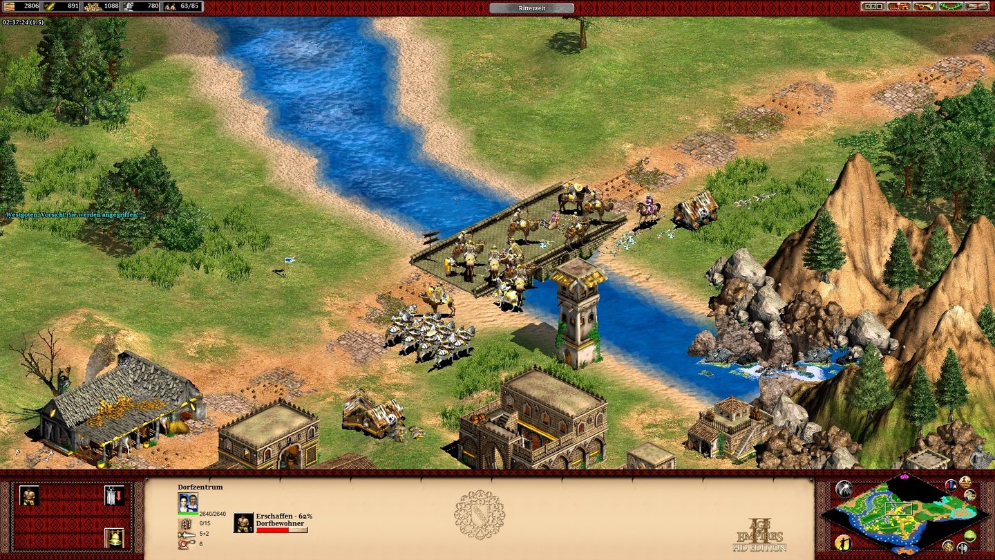 Age of Empires 2 HD: The African KingdomsDie KI ist immer noch nicht die hellste Kerze auf der Torte: Hier marschieren immer wieder einzelne Rammböcke plus Ein-Mann-Eskorte über die gut gesicherte Brücke. Falls sie überhaupt so weit kommen.