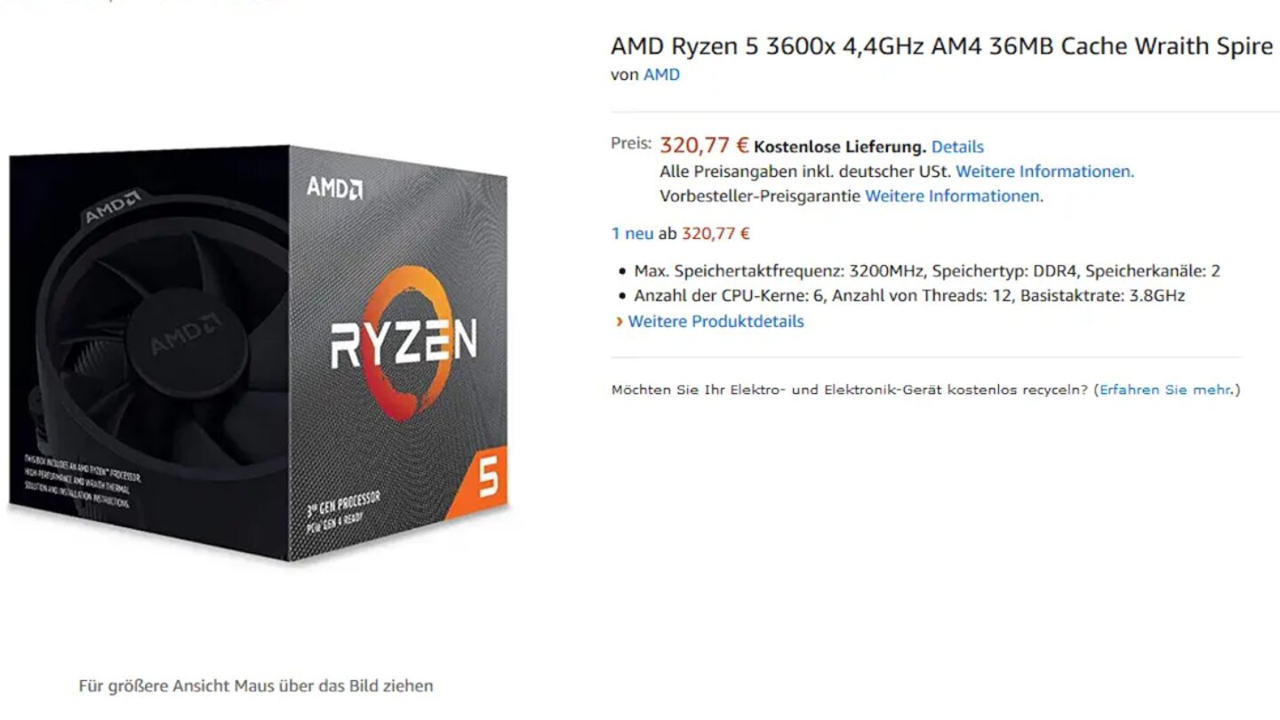 AMD Ryzen 3600X Amazon (Bildquelle: AmazonHeise)