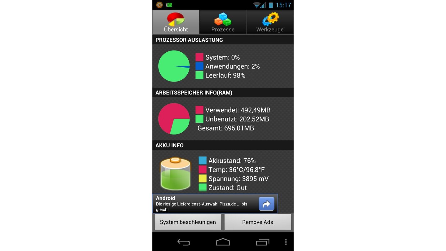 Android AssistantDer Android Assistant bietet 18 Funktionen, um Ihr Betriebssystem schnell, schlank oder sparsam zu machen. Die App enthält unter anderem einen Statusmonitor, der die CPU-Last und Arbeitsspeichernutzung anzeigt, einen übersichtlichen Task Manager, mit dem sie leistungshungrige Anwendungen entlarven. Dazu löschen Sie diverse Verlaufsspeicher gesammelt, ohne jede App einzeln aufrufen zu müssen. (Lauffähig ab Android 2.0)