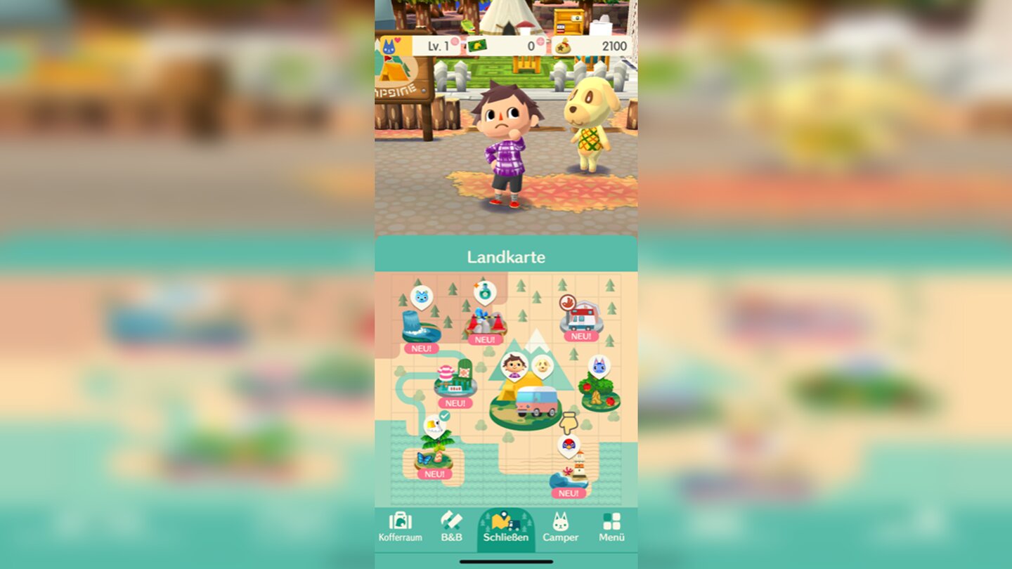 Animal Crossing: Pocket CampAuf der Map seht ihr alle Gebiete, die Bewohner und ihre Wünsche.