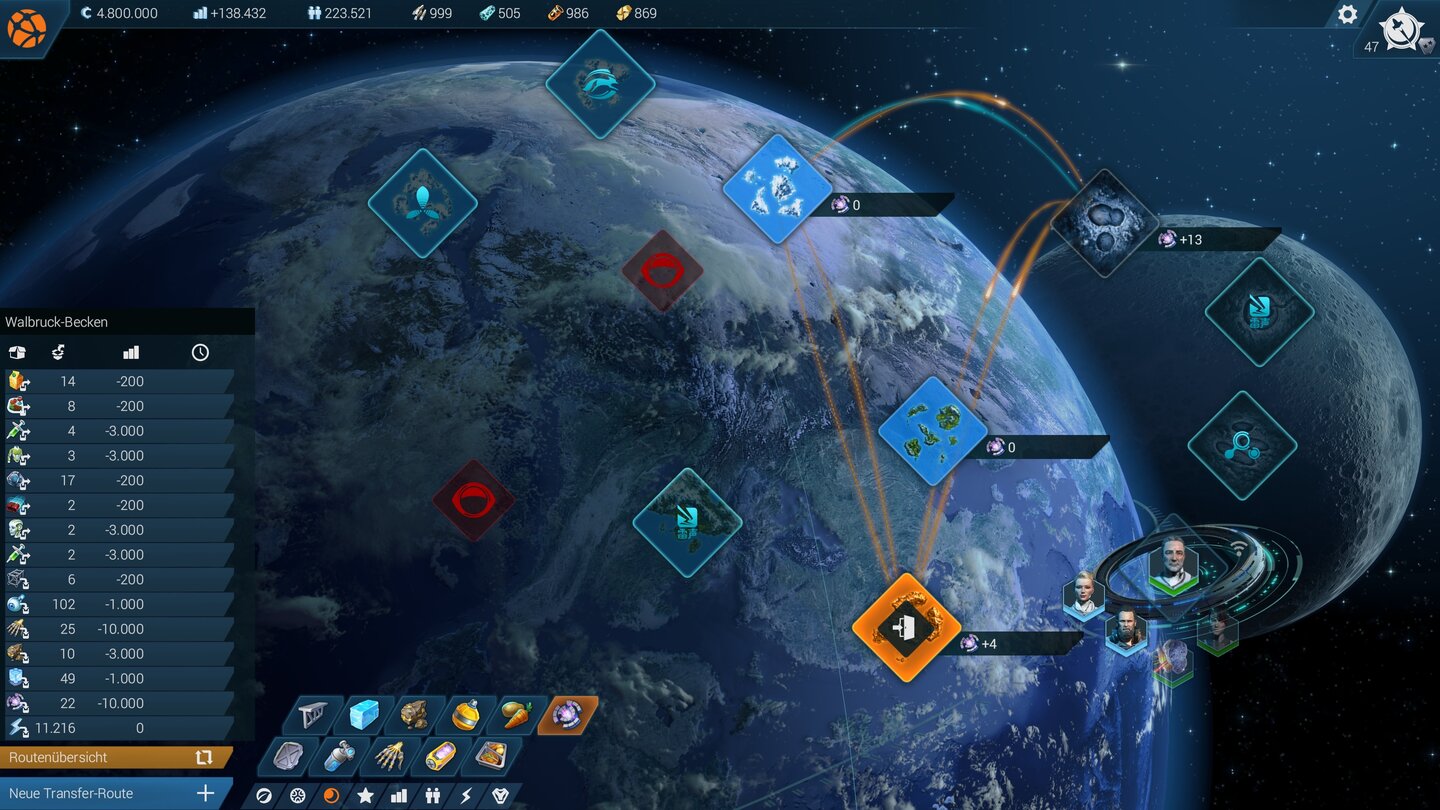 Anno 2205Auf der Strategiekarte wechseln wir die Region und verwalten unsere Handelsrouten. Die sind deutlich schneller angelegt als in den Vorgängern, dafür müssen wir auch mehr im Auge behalten.