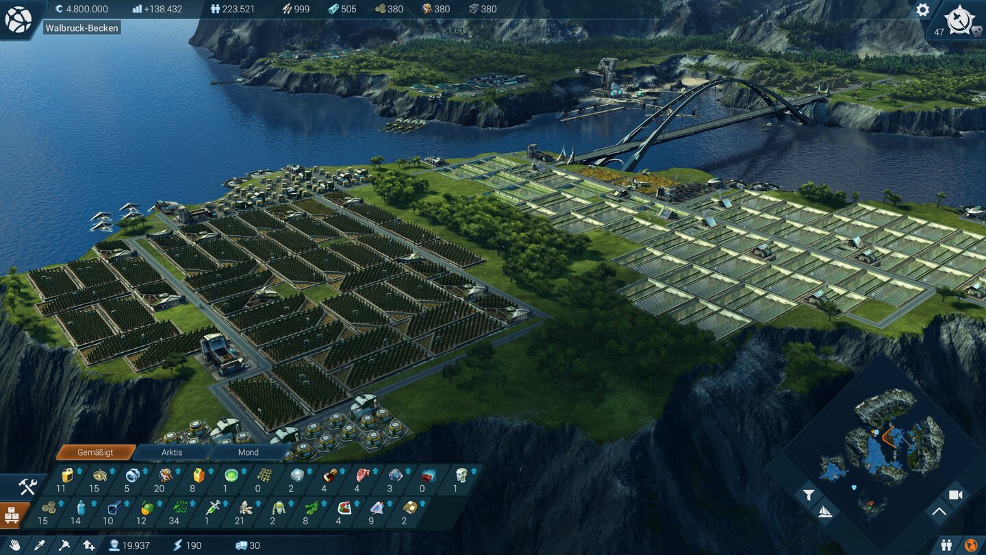 Anno 2205Unsere Orangeninsel ist entstanden, als auf der Startinsel nicht mehr genug Platz für die ausladenden Farmbetriebe war. Das neue Eiland haben wir per Brücke erschlossen.