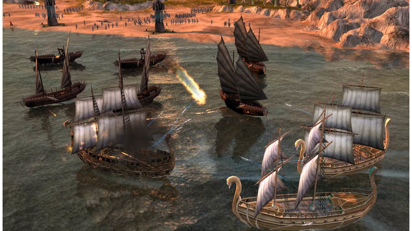 Elfen, Zwerge und andere Fraktionen haben in unserem Fantasy-Anno eigene Schiffstypen. Diese Kampfszene stammt aus Schlacht um Mittelerde 2.