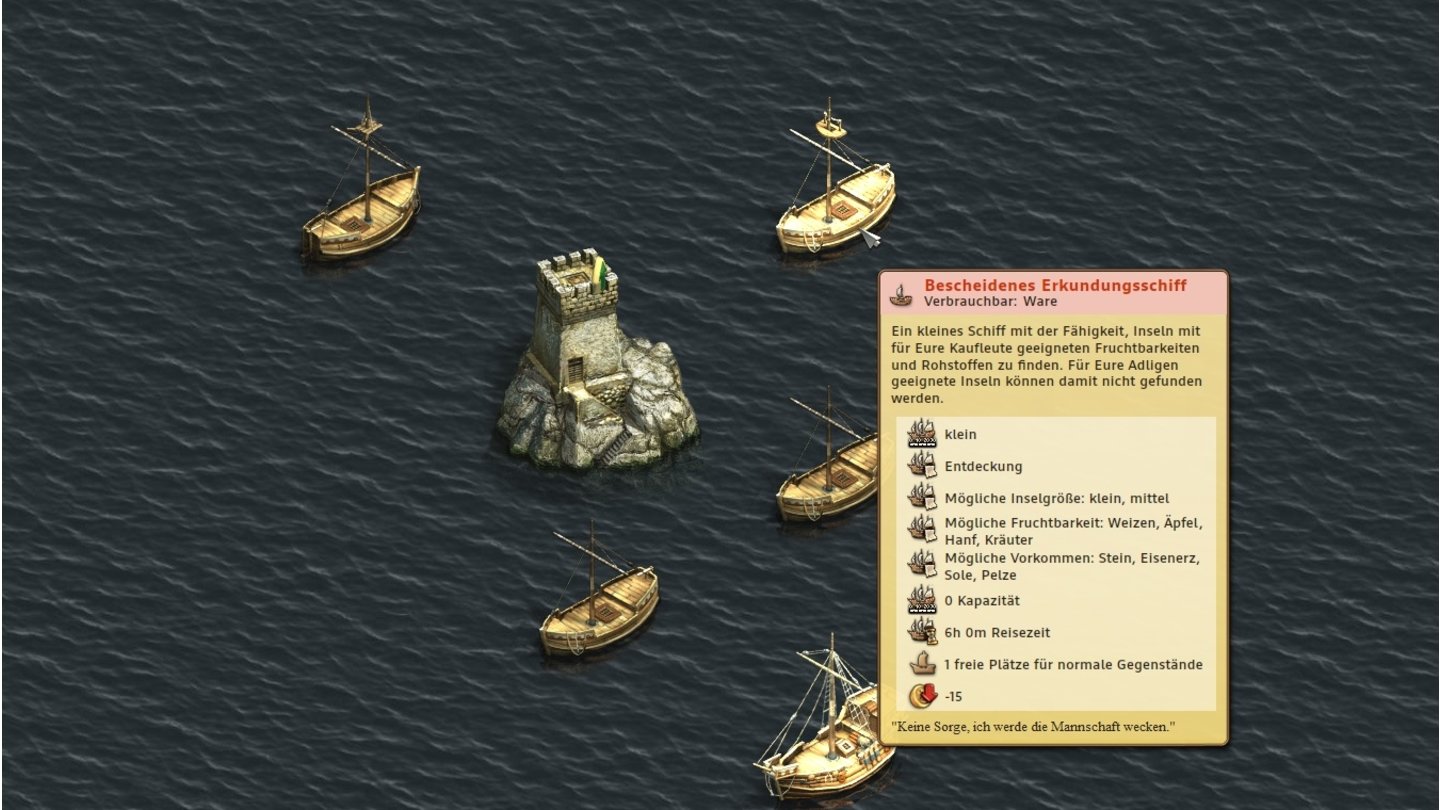 Anno OnlineMorgenapell: Zwei Erkundungsschiffe, zwei Schatzsucher und ein mittleres Handelsschiff (von oben nach unten) warten auf unsere Kommandos.