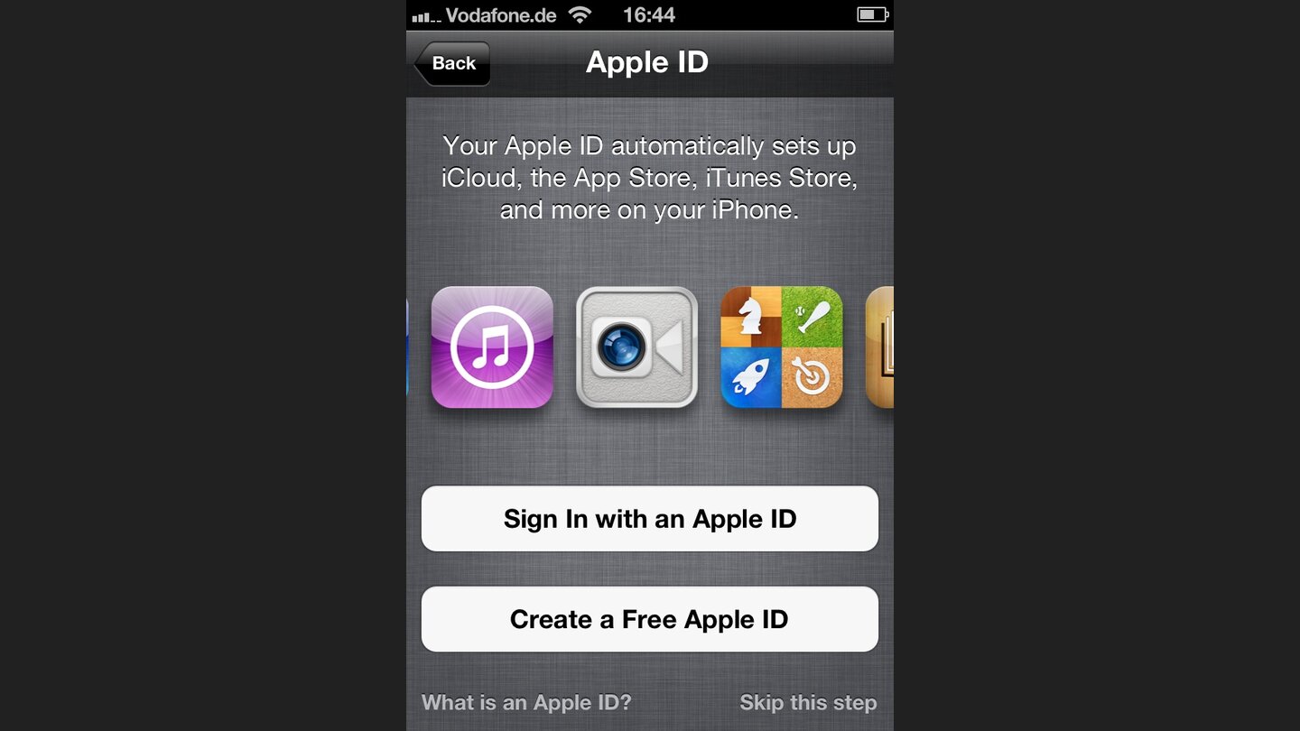 Wenn Sie sich mit der Apple ID anmelden, werden Konten für iCloud, den App Store oder das Game Center automatisch eingerichtet.