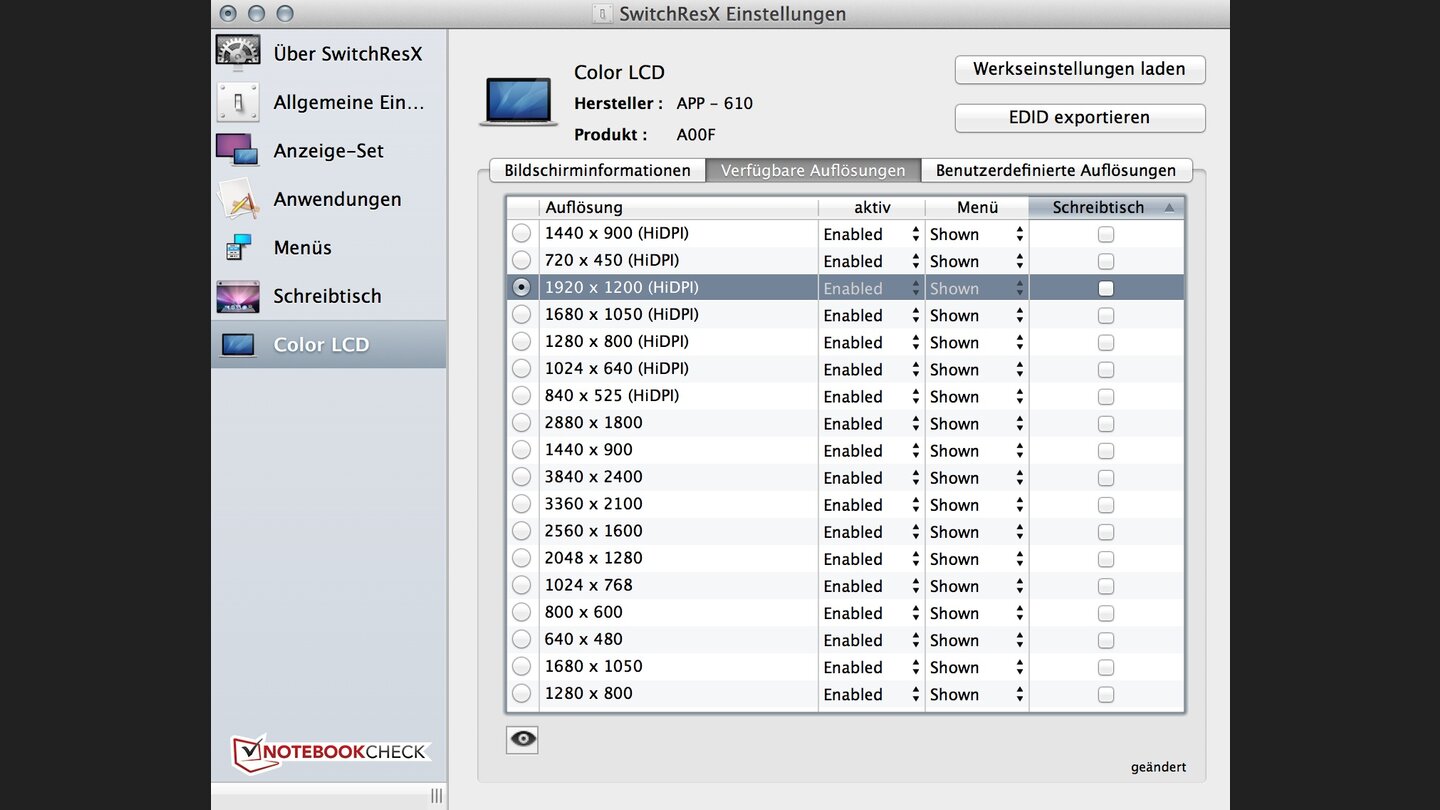 Typisch in der Apple-Welt: Nur um die gewünschte Auflösung nach Lust und Laune einzustellen, braucht es das kostenpflichtige Programm SwitchResX.