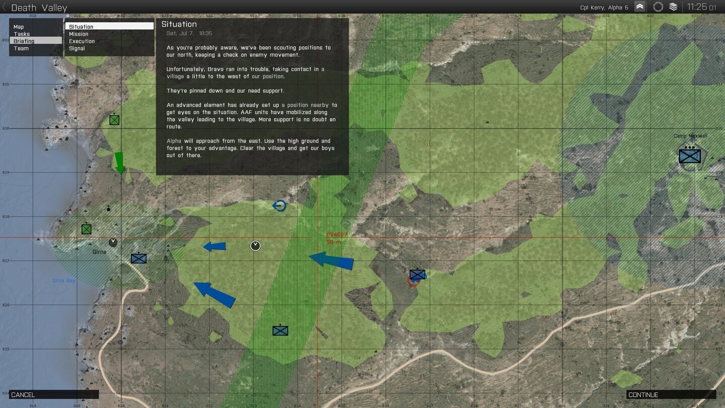 ARMA 3 - Screenshots aus dem ersten Kampagnen-DLCDie Missionsbriefings sind äußerst knapp gehalten. Wirklich studieren müssen wir sie ohnehin nicht – meist folgen wir einfach nur unseren Offizieren.