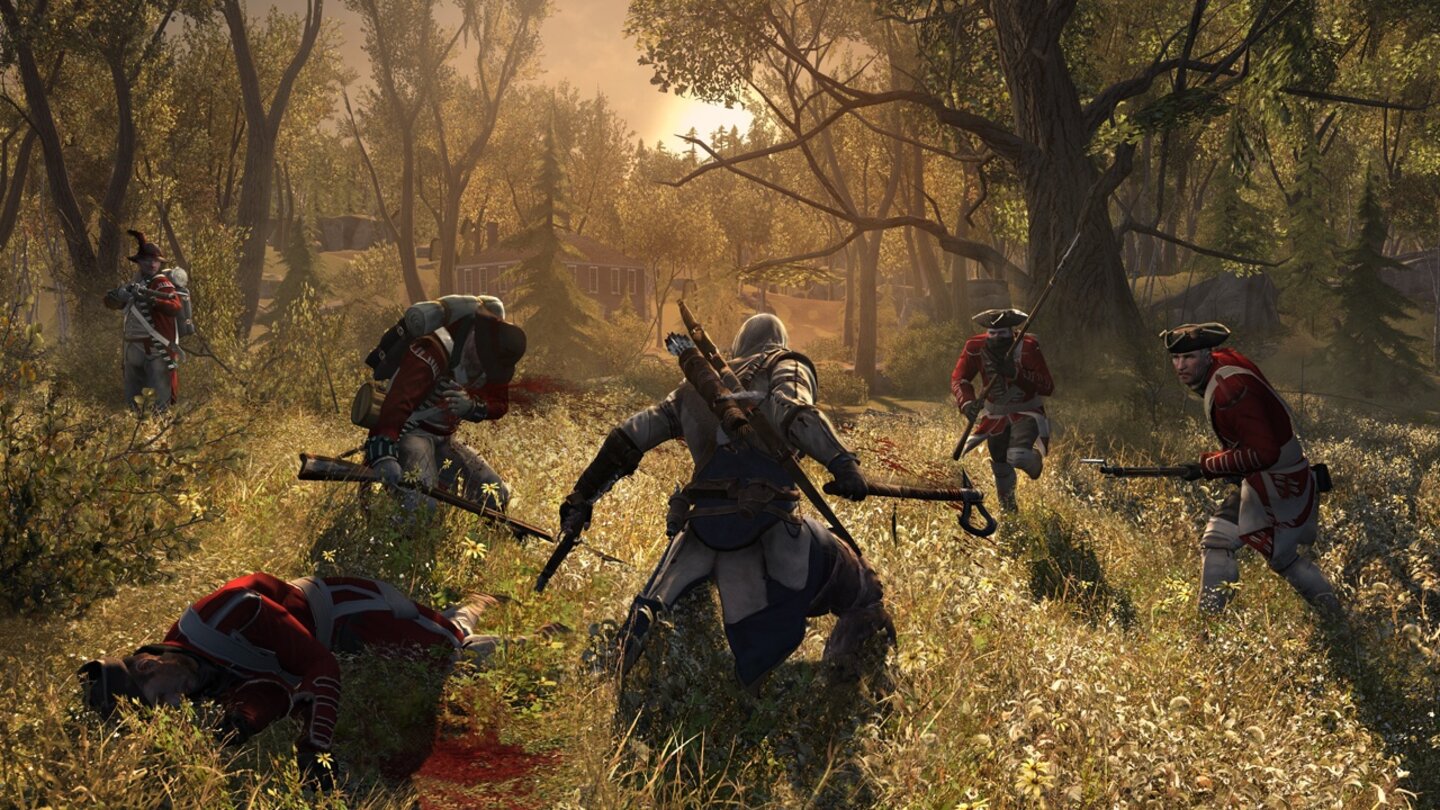 Assassin's Creed 3Tödliches Geschehen im Vordergrund, Sonnenuntergangs-Idylle im Hintergrund. Immer wieder werden solch unterschiedliche Stimmungen aufeinanderprallen.