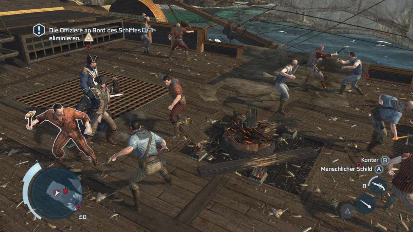 Assassin's Creed 3In einer Seeschlacht heißt es nicht nur »Schiffe versenken«, sondern auch die feindliche Besatzung auf den Meeresgrund schicken.