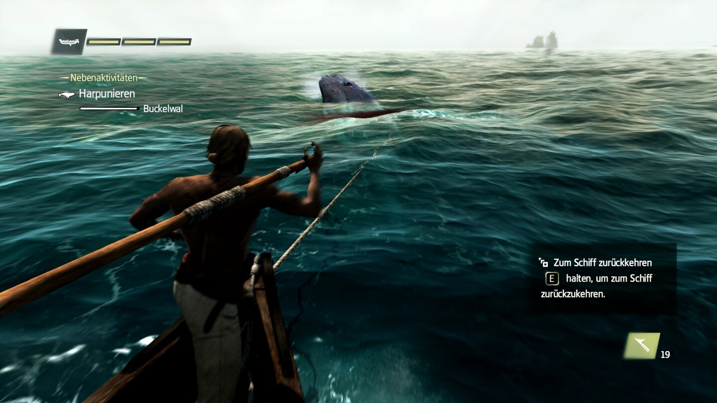 Assassins Creed 4: Black FlagWir können auch auf Waljagd gehen, um aus deren Überresten neue Gegenstände, wie zum Beispiel größere Taschen, herzustellen. Doch Vorsicht: Die gewaltigen Tiere ergeben sich nicht völlig kampflos.