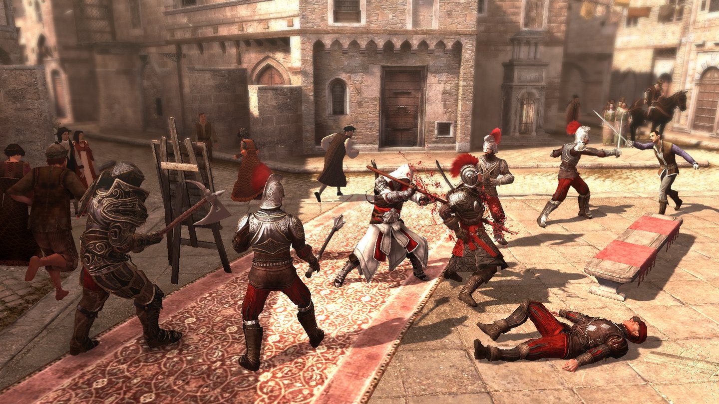 Assassin's Creed: Brotherhood Ezio geht in Assassin’s Creed: Brotherhood deutlich rabiater in die Kämpfe, als bisher von der Serie gewohnt. Was aber gut zu seiner Motivation passt.