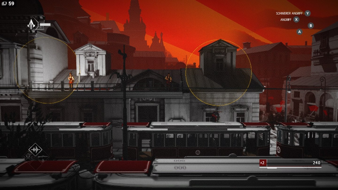 Assassin's Creed Chronicles: RussiaDer Grafikstil zeichnet sich vor allem durch die grau-roten Farben und den Grieselfilter aus.