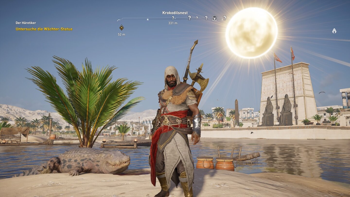 Assassin's Creed: Origins - Der Fluch der PharaonenDie Totenreiche sind liebevoll gestaltet. Am Himmel schwebt die Sonnenscheibe Aton, eine von den alten Ägyptern verehrte Gottheit.