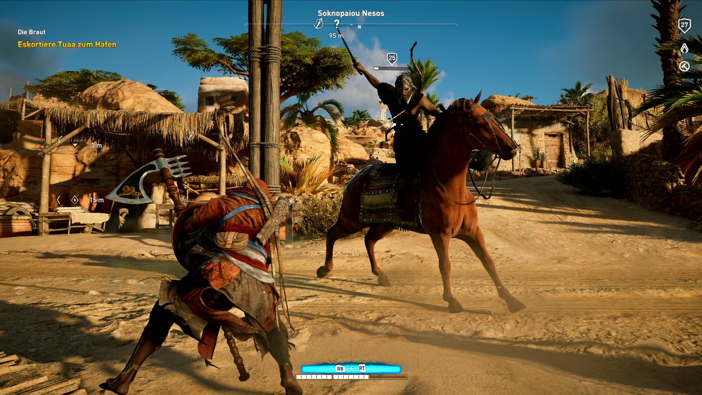 Assassin's Creed: OriginsBerittene Patrouillen bereiten uns immer wieder Probleme, weil sie Bayek mit Pfeilen spicken. Deshalb sollte er tunlichst selbst vom Pferd aus kämpfen.