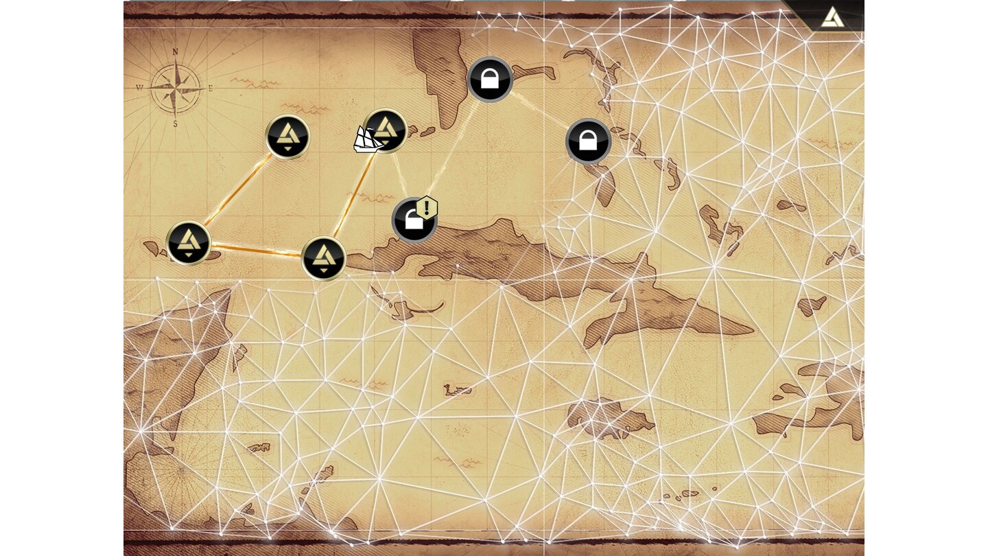 Assassin's Creed PiratesAuf der großen Karibikkarte sucht man die nächste Zielregion aus, in jedem Abschnitt warten 16 Aufgaben sowie diverse Schätze. (iPad)