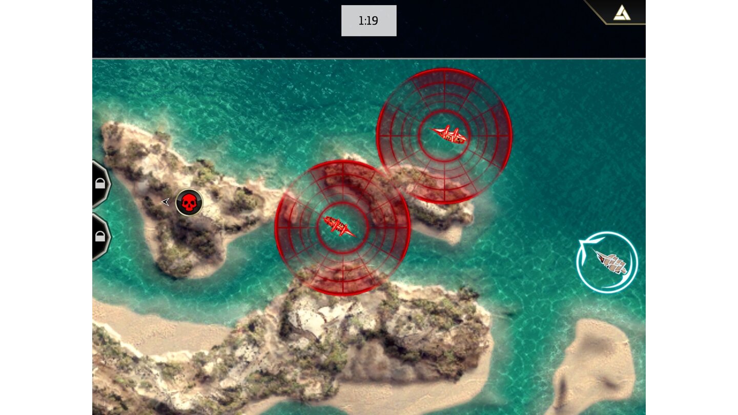 Assassin's Creed PiratesIn den Attentatsmissionen sollte man die roten Sichtkegel der Feindschiffe meiden, um innerhalb des Zeitlimits zum Zielboot am linken Kartenrand zu gelangen. (iPad)