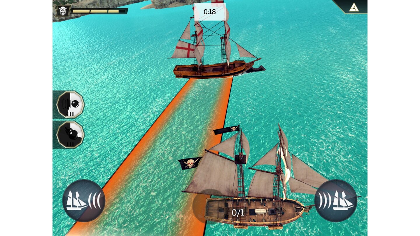 Assassin's Creed PiratesBei den Ausweichmanövern ist schnelles Reagieren gefragt, damit das erstaunlich agile Piratenschiff keinen Schaden nimmt. (iPad)