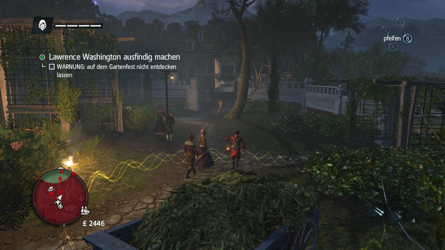 Assassins Creed RogueWir haben die Wache mit einem Pfiff (gelbe Wellenlinie) zu unserem Versteck gelockt, gleich ist sie hin-über.