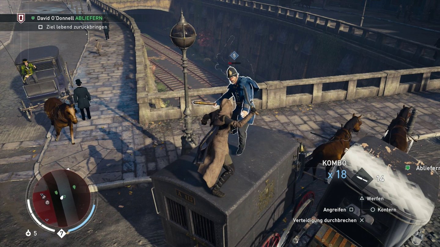 Assassin's Creed SyndicateDabei werden wir in der Regel verfolgt. Die Kämpfe auf den Dächern verlaufen erstaunlich präzise.