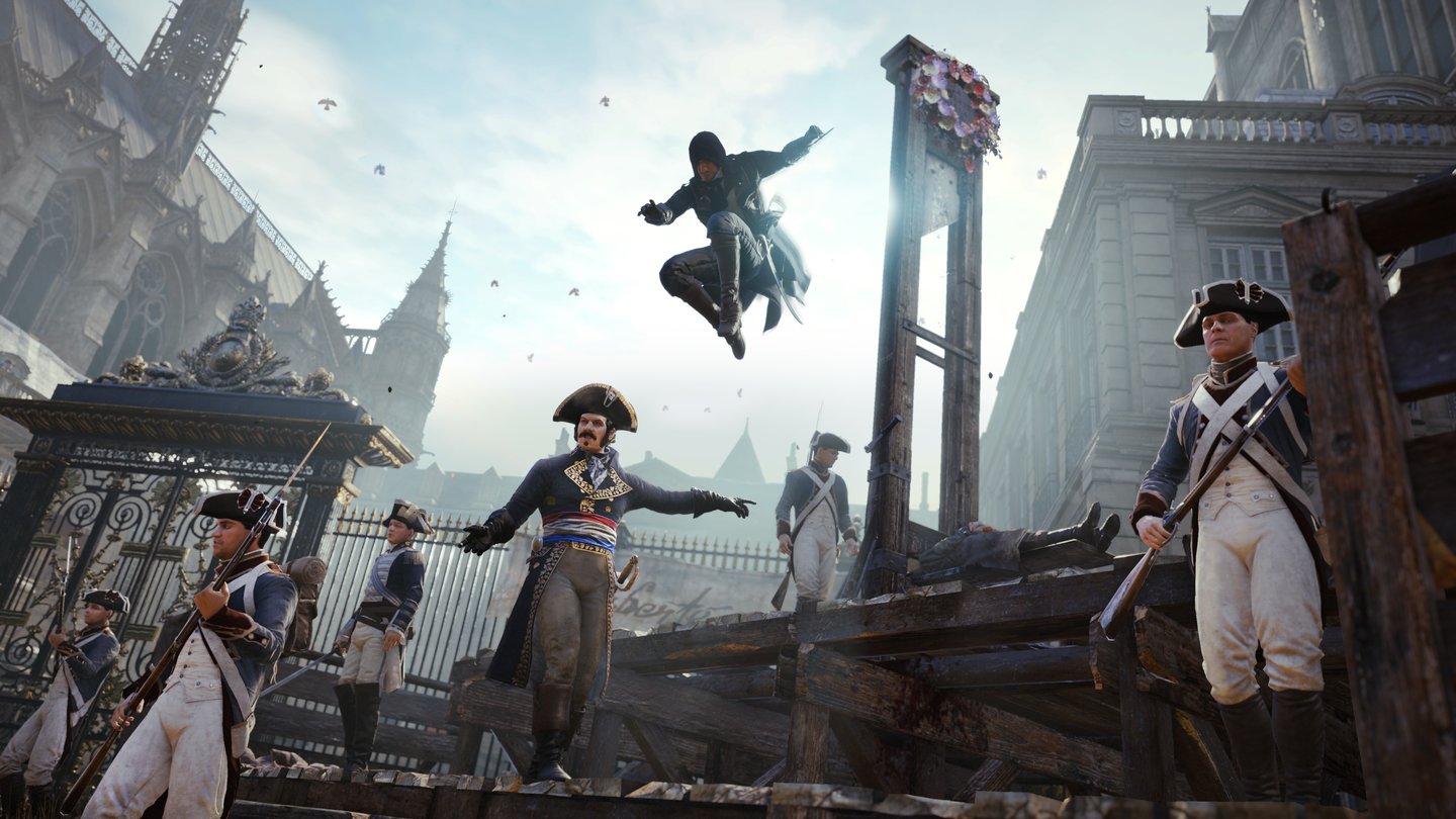 Assassin's Creed: UnityAuch eine Art Fallbeil: Assassine mit Armklinge von oben.