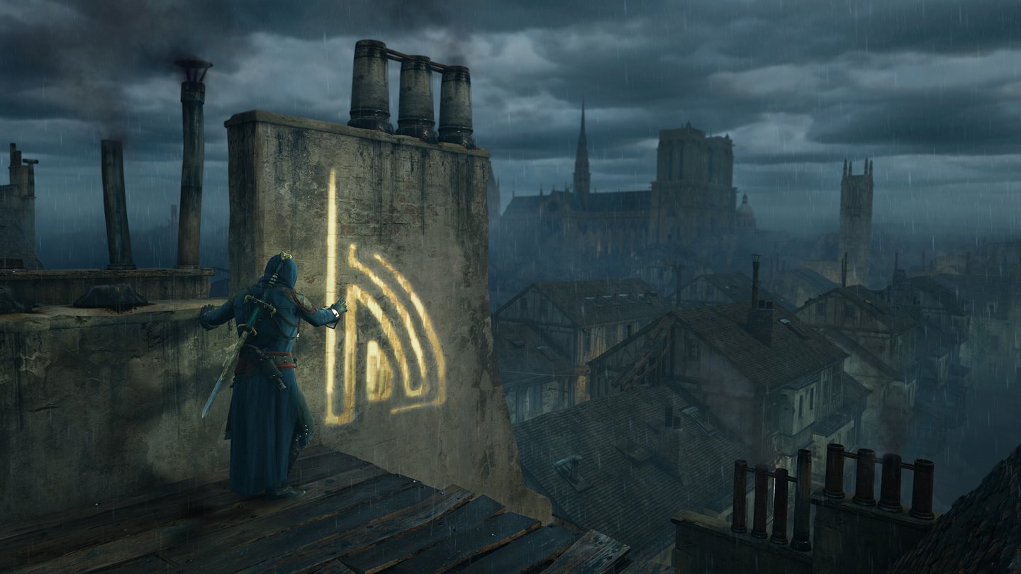 Assassin's Creed UnityBei der Schatzsuche stoßen wir auf leuchtende Markierungen, die uns an die Glyphen aus dem zweiten Teil erinnern.