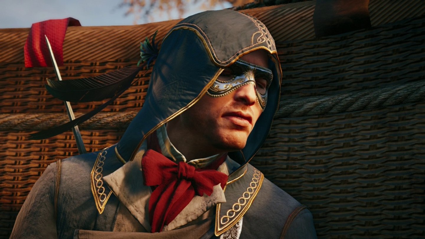Assassin's Creed UnityIm Storyverlauf schalten wir ungefähr zur Hälfte des Spiels diese alberne Kopfbedeckung frei. Die ist aber so gut, dass wir Arno fast den ganzen Rest des Spiels über nicht anders kleiden.