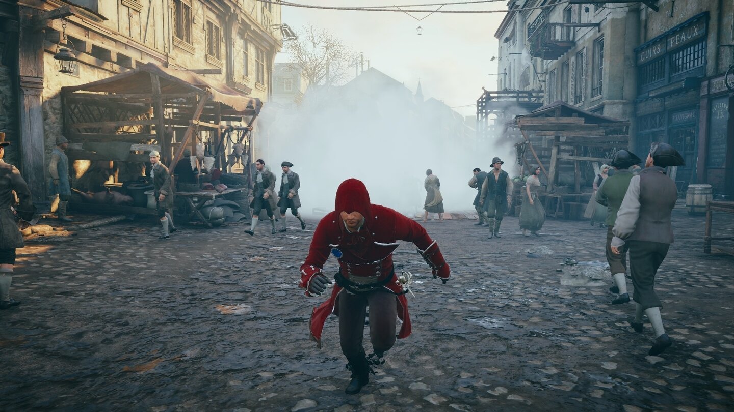 Assassins Creed UnityMit einer Rauchbombe versperren wir unseren Verfolgern die Sicht und machen uns aus dem Staub.