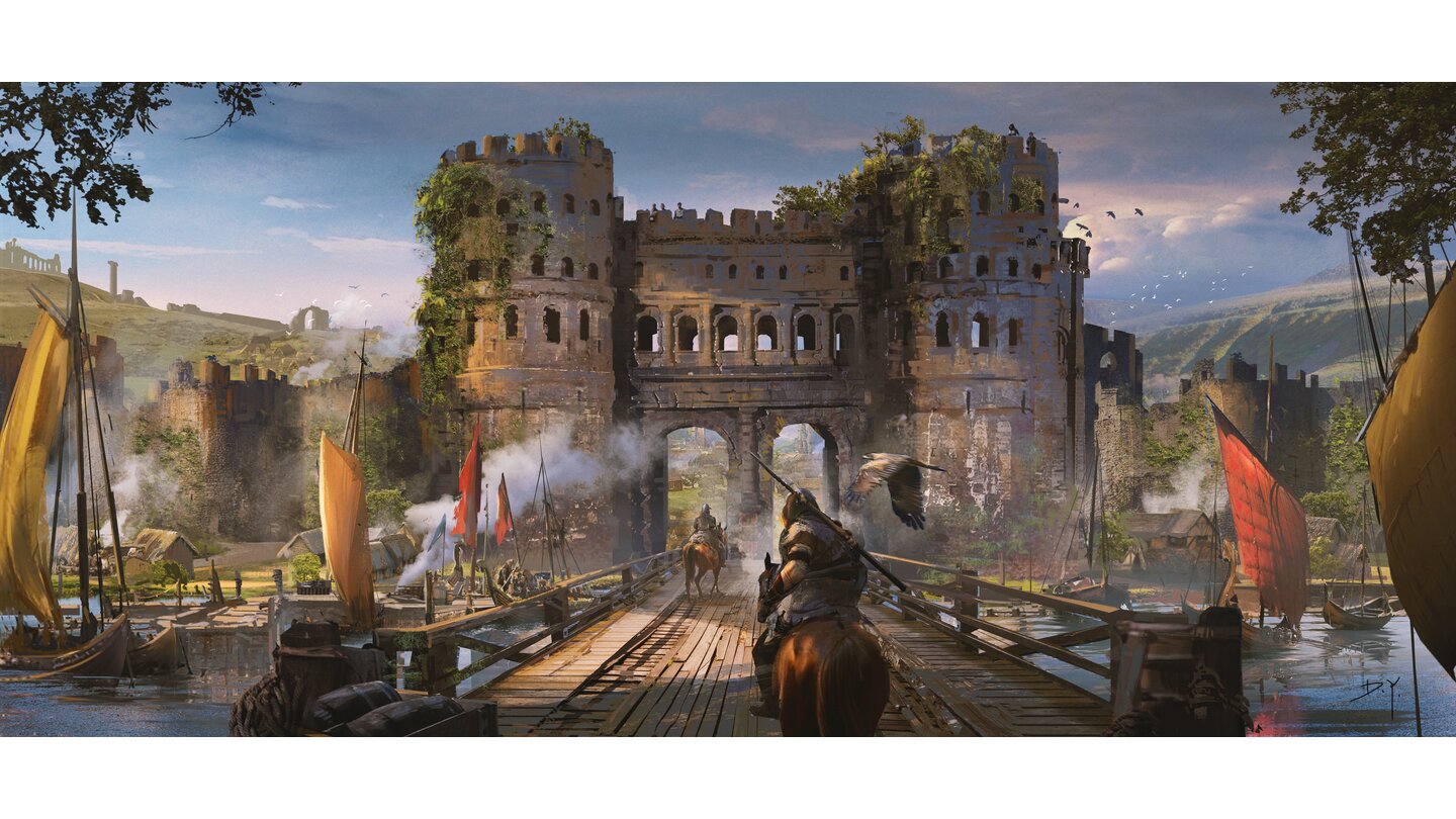 Assassin's Creed: ValhallaNach dem Abzug der römischen Stadthalter wurden viele Orte sich selbst überlassen. Die Pracht ist verblasst, doch die Menschen leben hier weiterhin.