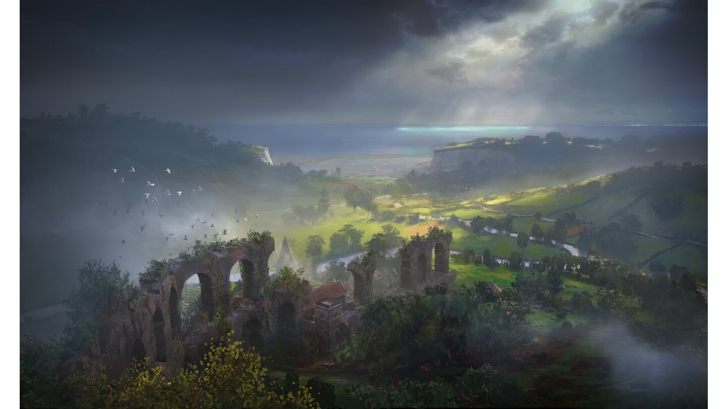 Assassin's Creed: ValhallaDie Spielwelt von Valhalla zeigt ein romantisches Bild aus Natur, Zivilisation und vergangener Größe.
