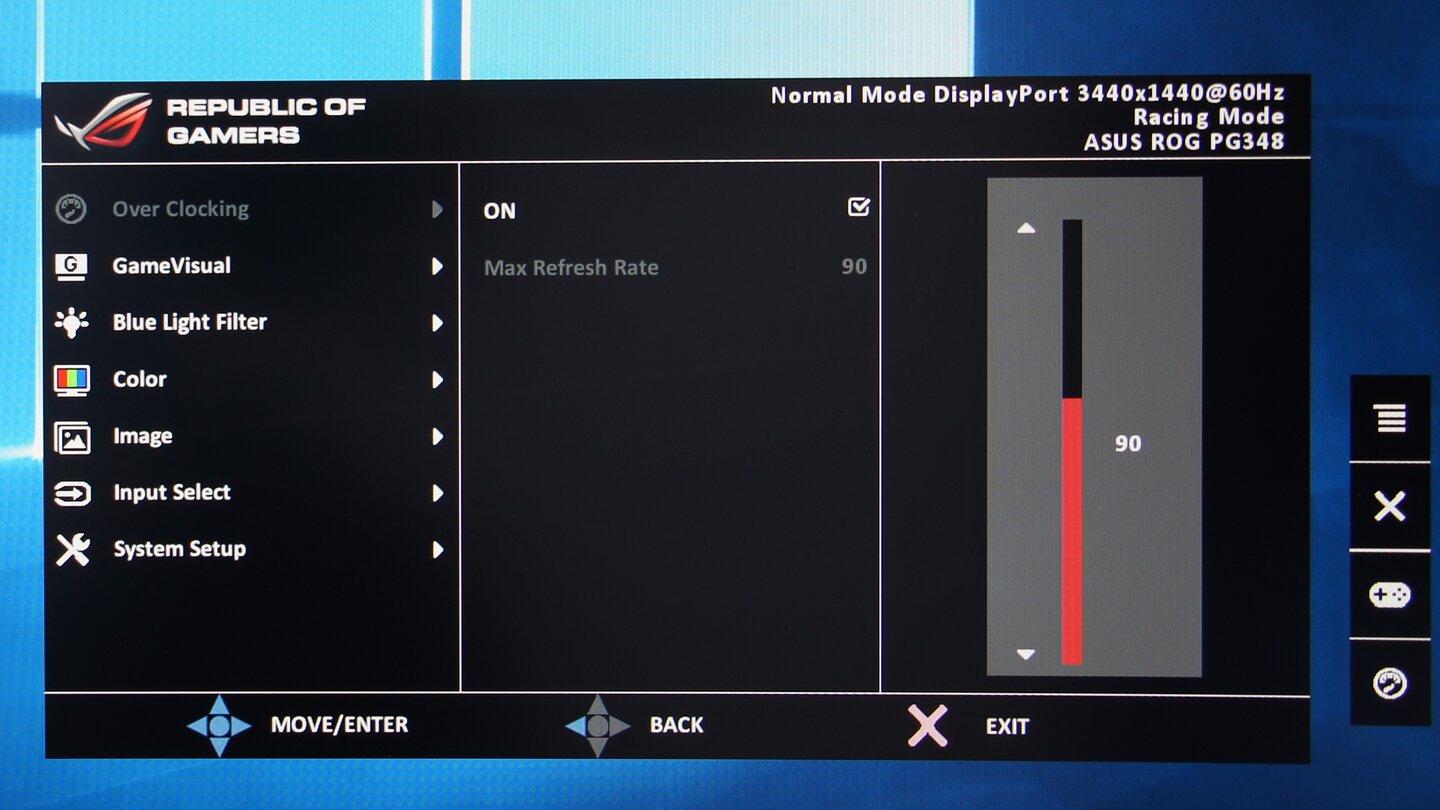 Asus PG348Q Menü - Übertaktung der Hertzzahl