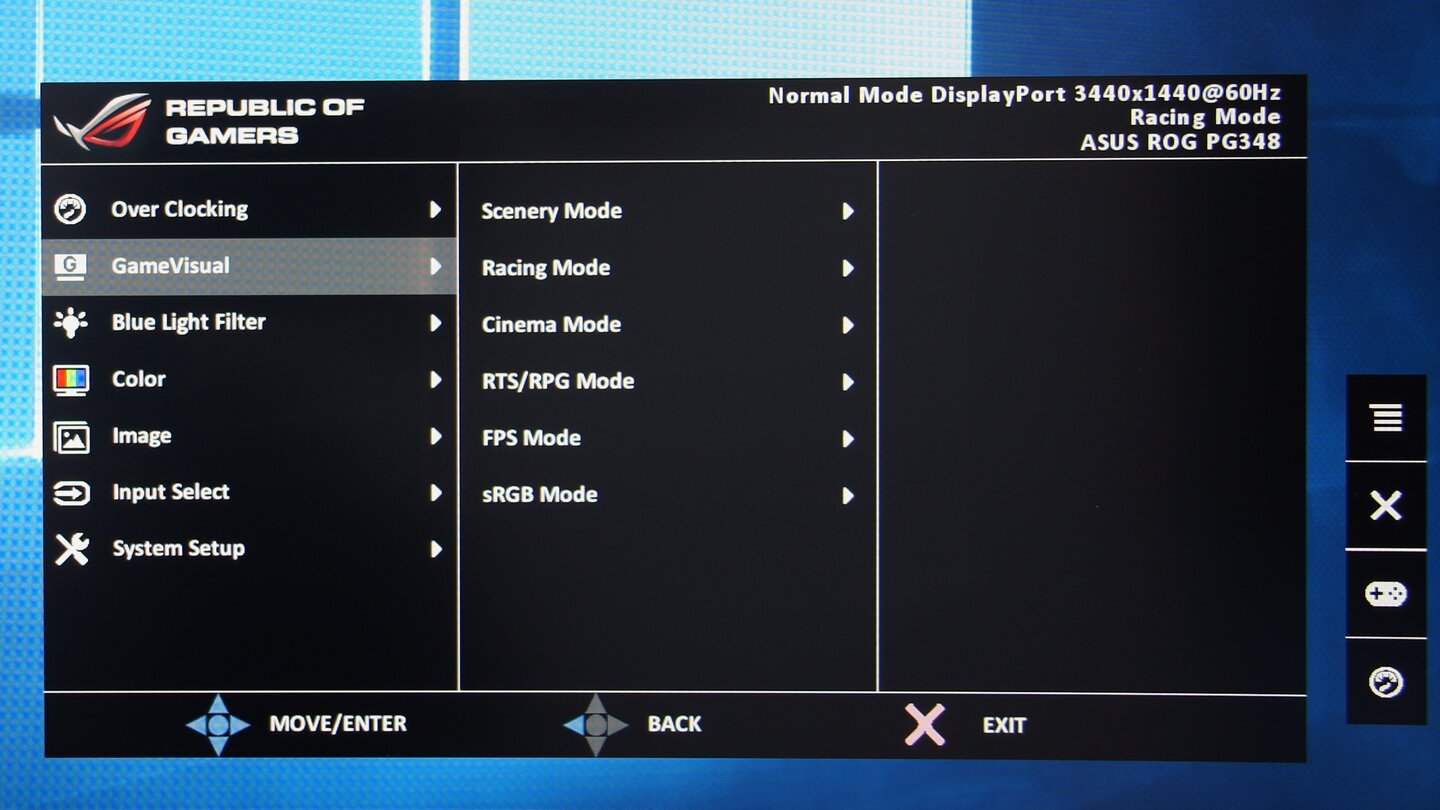 Asus PG348Q Menü - Genre-spezifische Bildeinstellungen (GameVisual)