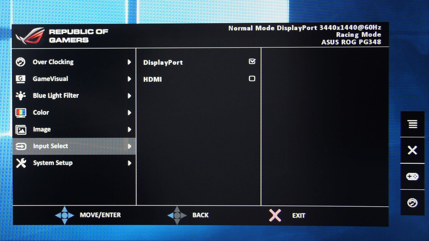 Asus PG348Q Menü - Auswahl des Signaleingangs