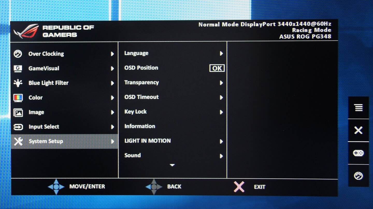 Asus PG348Q Menü - Systemeinstellungen, erste Seite