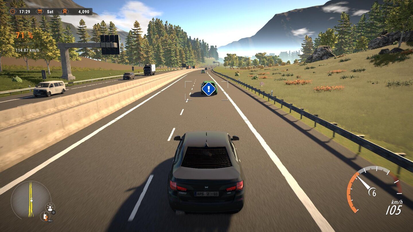 Autobahnpolizei Simulator 2Bei der mobilen Geschwindigkeits- und Abstandsmessung, hier im neuen Zivilfahrzeug, müssen die Polizisten das Auto im Fokus behalten.