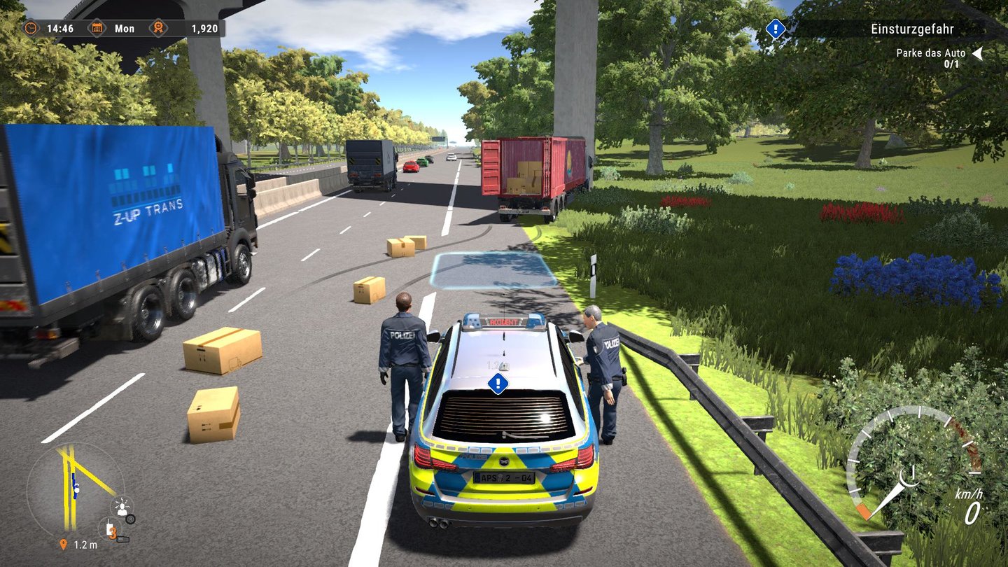 Autobahnpolizei Simulator 2Unfällen machen viel Arbeit: In dieser Szene müssen unsere Ordnungshüter sogar die verlorene Ladung aufsammeln.