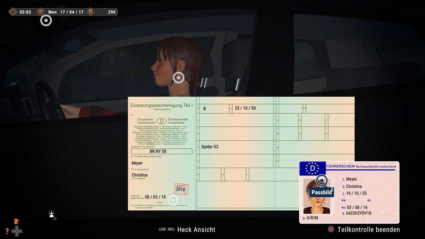 Autobahnpolizei Simulator 2Bei Kontrollen prüft der Polizist die Daten in den Papieren, unter anderem die Identität des Fahrers, Nummernschild und TÜV-Plakette.