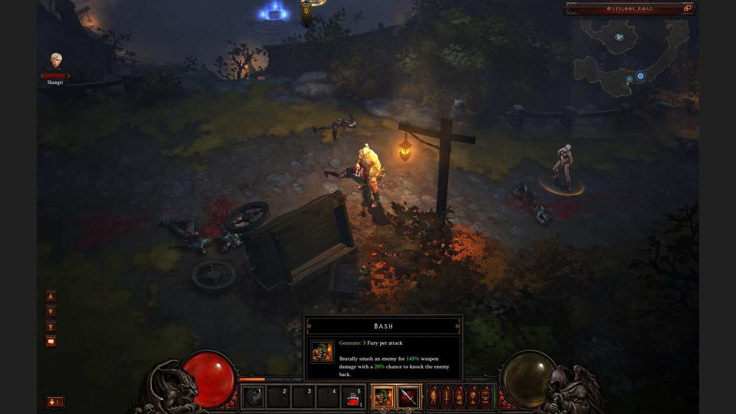 Diablo 3 Beta-PlaythroughWir haben uns für den Barbar entschieden und starten mit der Fertigkeit »Bash«. Wenn wir damit zuschlagen, machen wir Bonus-Schaden und laden zudem unsere Wut auf. Die benötigen wir für spezielle Angriffe.