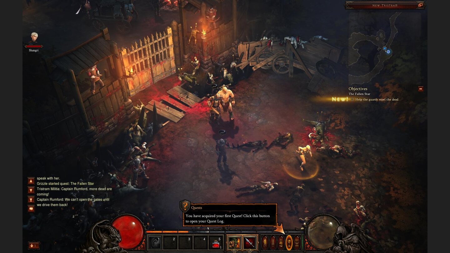 Diablo 3 Beta-PlaythroughAls wir uns der Stadt New Tristram nähern, erhalten wir unsere erste Quest: Wir sollen den Wachen helfen, die Untoten zurückzutreiben.