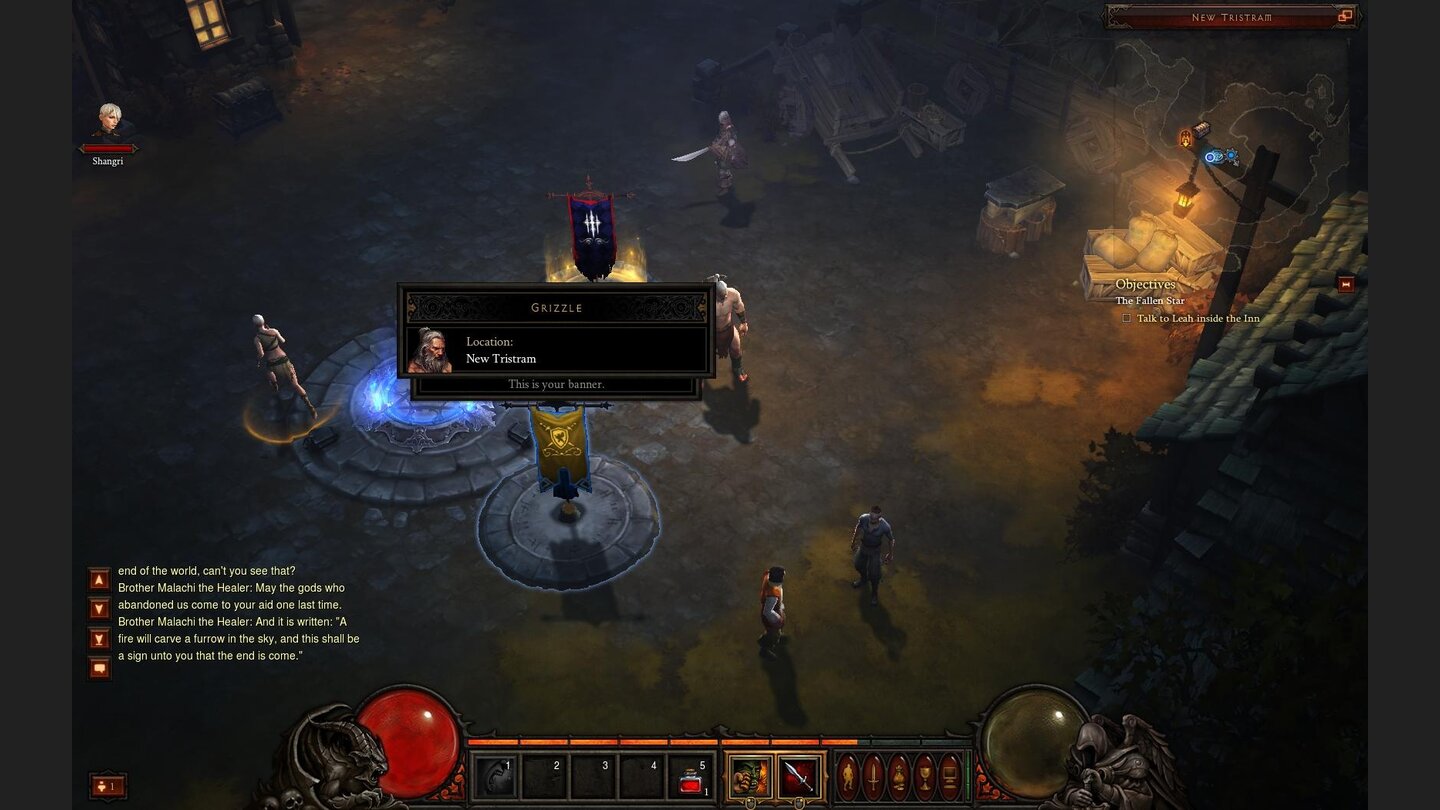 Diablo 3 Beta-PlaythroughWenn wir die Beta gemeinsam mit Freunden spielen, erhält jeder Charakter ein Banner. Mit einem Klick auf die Fahne können wir uns dann direkt zu deren Position teleportieren.