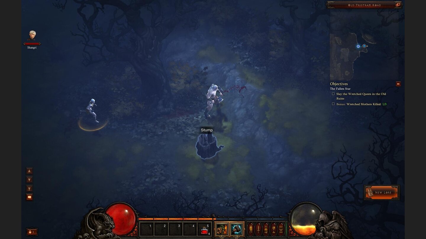 Diablo 3 Beta-PlaythroughÜberall in der Welt stehen Fässer, Bücherregale, Kisten und andere zerstörbare Objekte herum. Hier ist es ein Baumstumpf, der wahrscheinlich ein paar Goldstücke und mit Glück auch einen Ausrüstungsgegenstand versteckt.