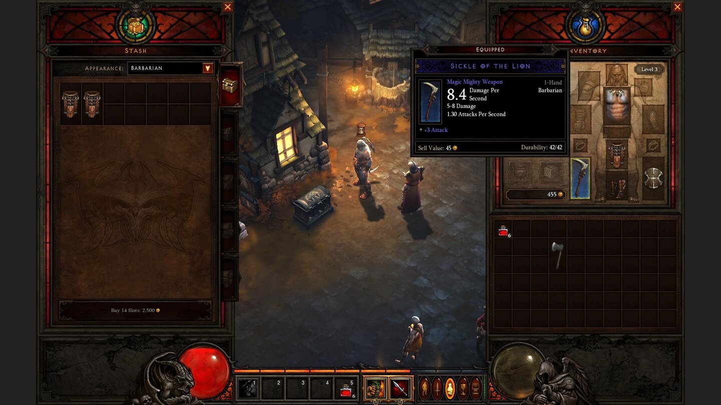 Diablo 3 Beta-PlaythroughUnsere erste magische Waffe, hurra! Unnütze Gegenstände können wir in die Kiste legen, auf die alle Charaktere gemeinsam zugreifen können. Auch das gesammelte Gold wird Accountübergreifend verwaltet.