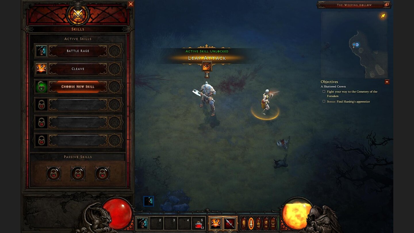 Diablo 3 Beta-PlaythroughIn Diablo 3 verteilen wir keine Skillpunkte mehr; neue Fähigkeiten lernen wir automatisch. Allerdings können wir nur eine begrenzte Anzahl gleichzeitig auswählen. Auf Level 6 haben wir gerade den dritten Slot freigeschaltet. Fertigkeiten können wir entweder den Ziffern oder den Maustasten zuweisen.