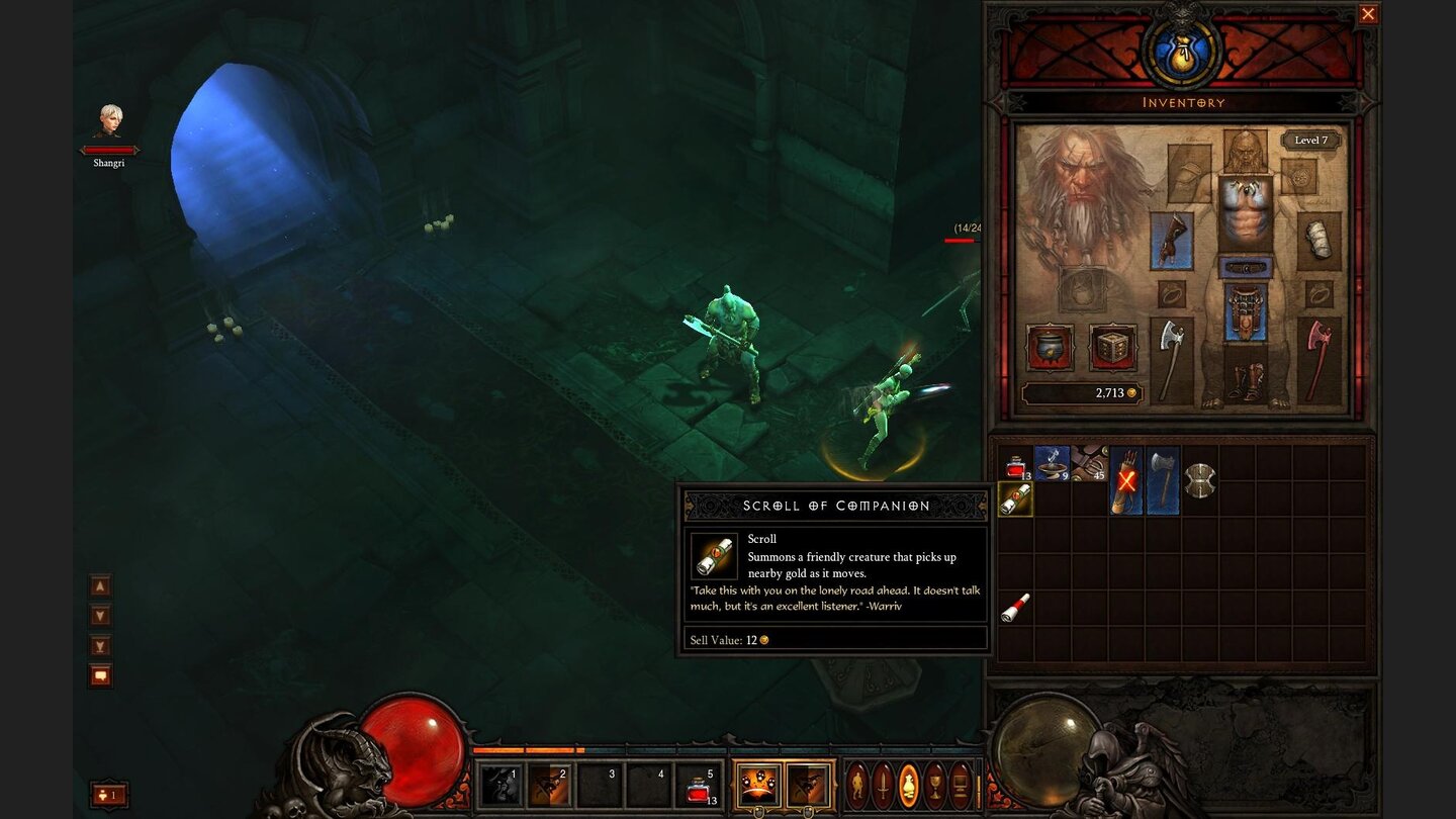 Diablo 3 Beta-PlaythroughDie »Scroll of Companion« beschwört einen Begleiter, der von alleine umherliegendes Gold für uns einsammelt. An Kämpfen nimmt dieser Begleiter nicht teil.