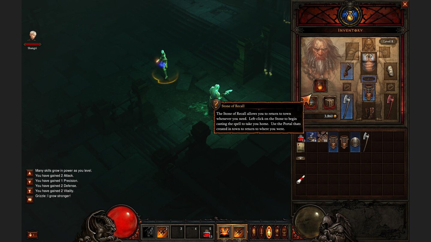 Diablo 3 Beta-PlaythroughFür Portale werden keine Schriftrollen mehr benötigt. Der »Stone of Recall« übernimmt jetzt diese Funktion.