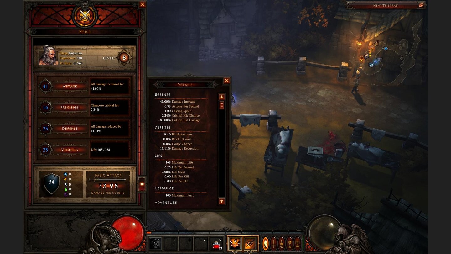 Diablo 3 Beta-PlaythroughEin kurzer Blick in den Charakter-Bildschirm, in dem unsere Werte aufgeführt werden.