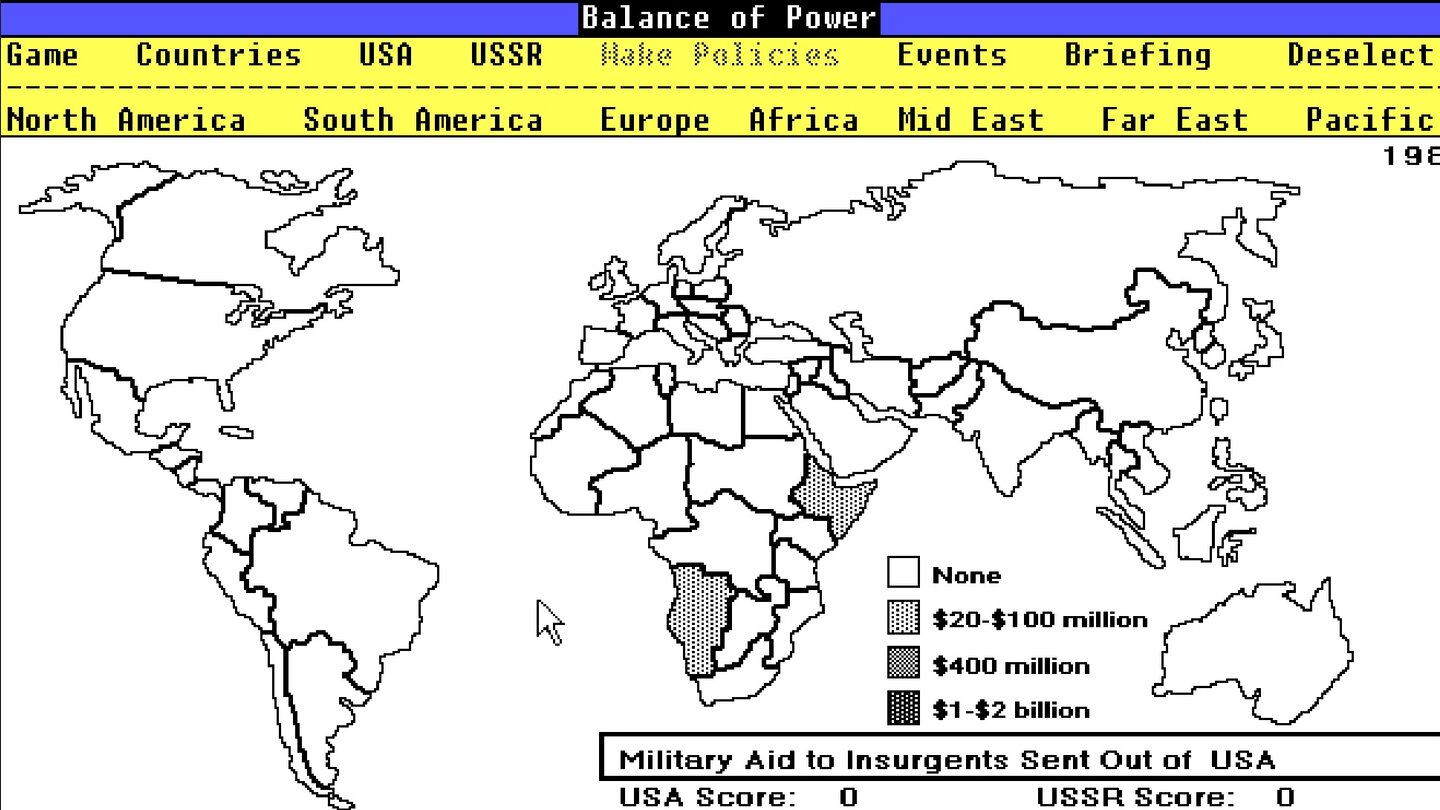 Balance of Power (1985)Bei Crawfords strategischer Weltpolitik-Simulation geht es um Machterweiterung durch Diplomatie, Spionage und militärische Abenteuer – bricht dabei ein Atomkrieg aus, haben alle verloren.