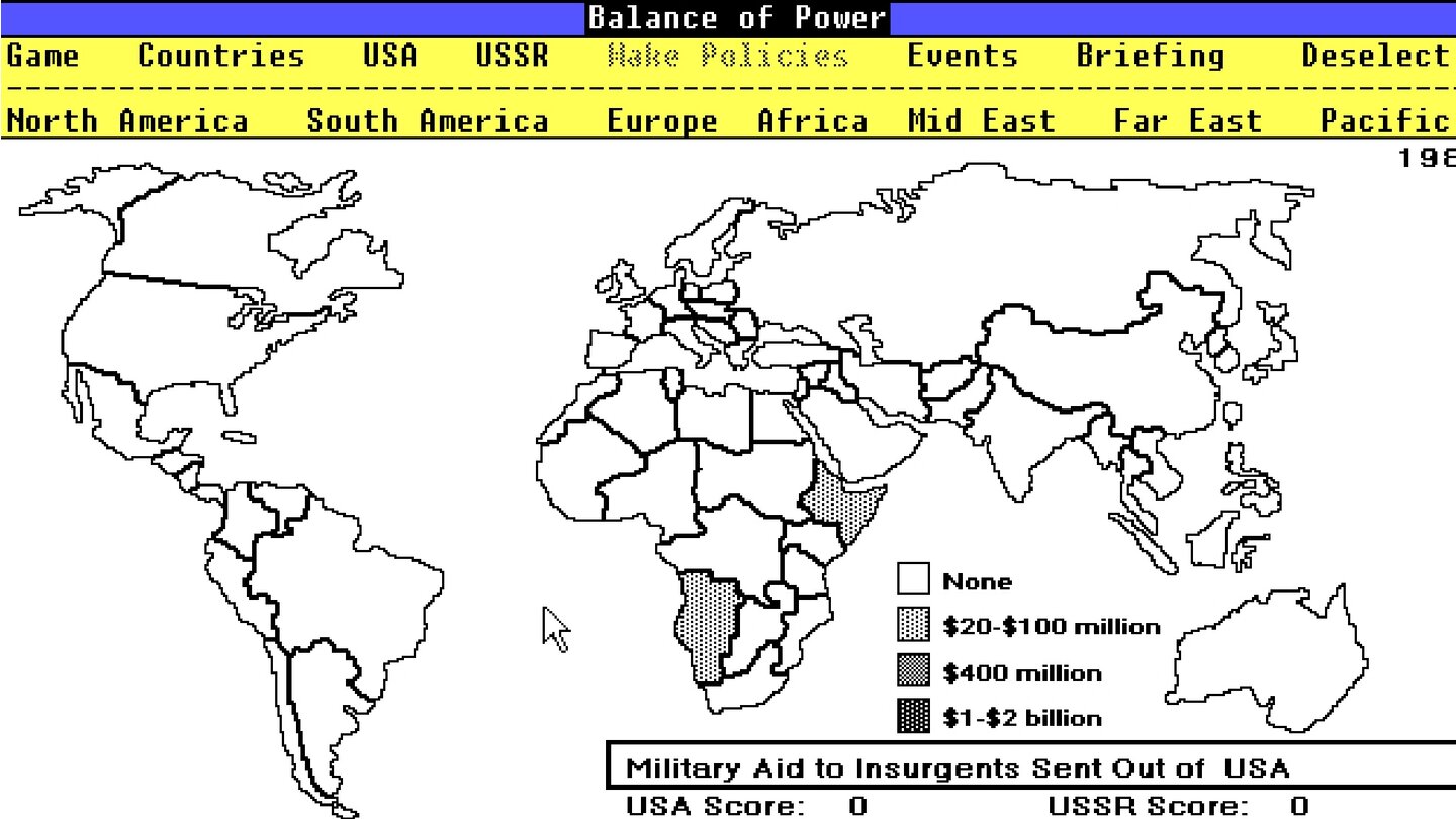Balance of Power (1985)Bei Crawfords strategischer Weltpolitik-Simulation geht es um Machterweiterung durch Diplomatie, Spionage und militärische Abenteuer – bricht dabei ein Atomkrieg aus, haben alle verloren.