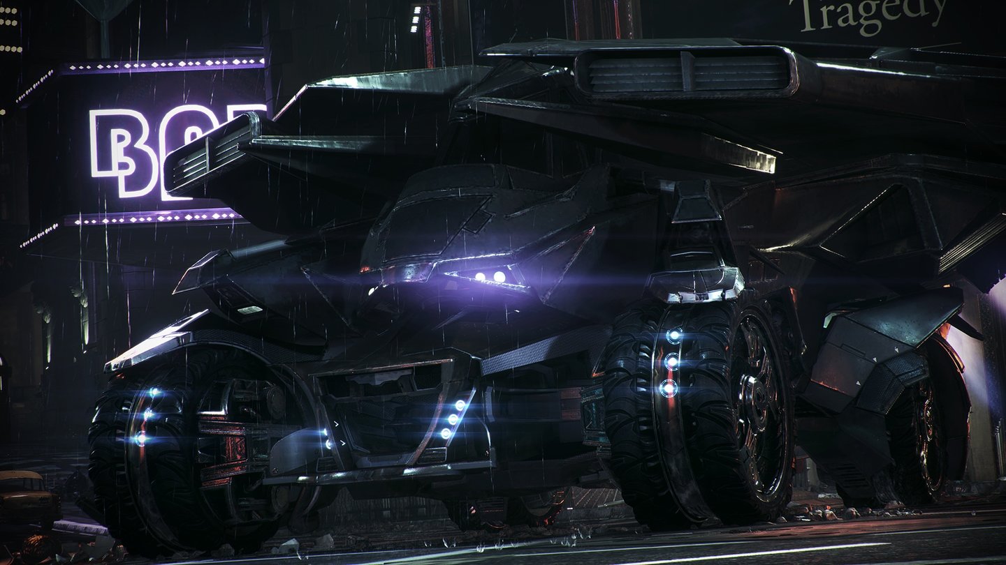 Batman: Arkham KnightDie tollen Lichteffekte setzen das nächtliche Gotham atmosphärisch klasse in Szene.