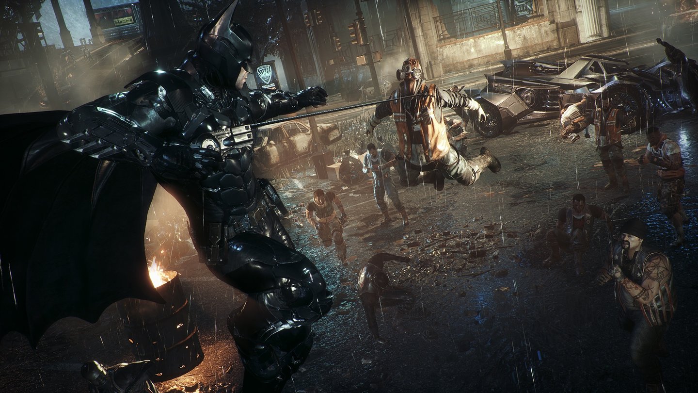 Batman: Arkham KnightDie Bat-Claw wird dank Upgrades in den Kämpfen ziemlich nützlich, da wir Gegner heranziehen können.