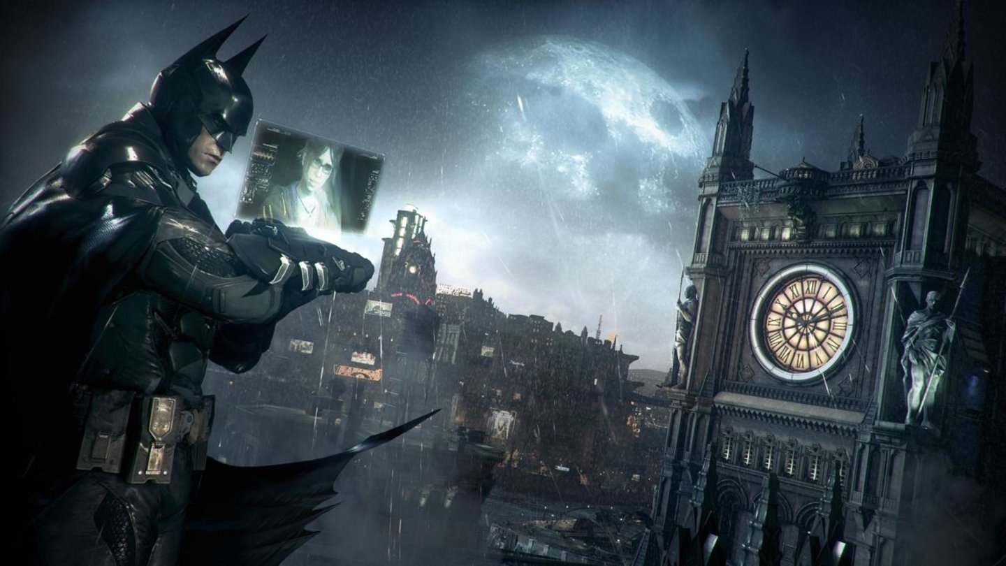 Batman: Arkham KnightÜber sein Videotelefon hält Batman Kontakt zu Informantin Oracle, die im Glockenturm residiert.